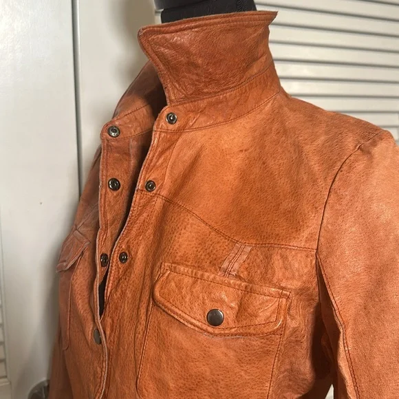 100% Genuine Leather Snap-Button Shirt Jacket (Size Medium, Rust Orange Vintage) - Picture 8 of 16